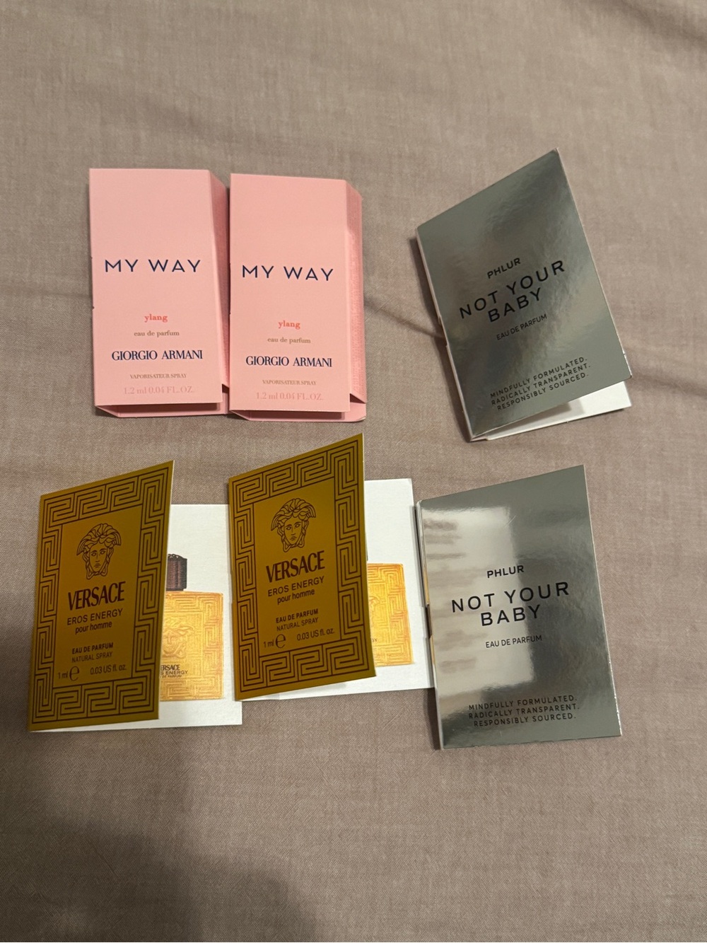 (6) bundle of 6 samples Armani MY WAY YLANG, EROS ENERGY, PHLUR NOT YOUR BABY